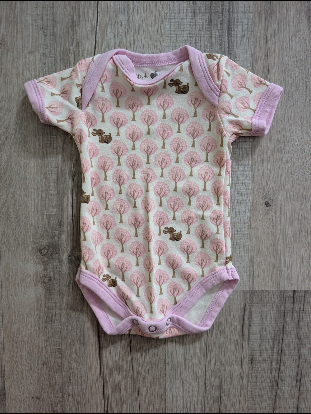 Apple Park Cream & Pink Tree Dear Print Short Sleeve Bodysuit, 0-3M (V9)